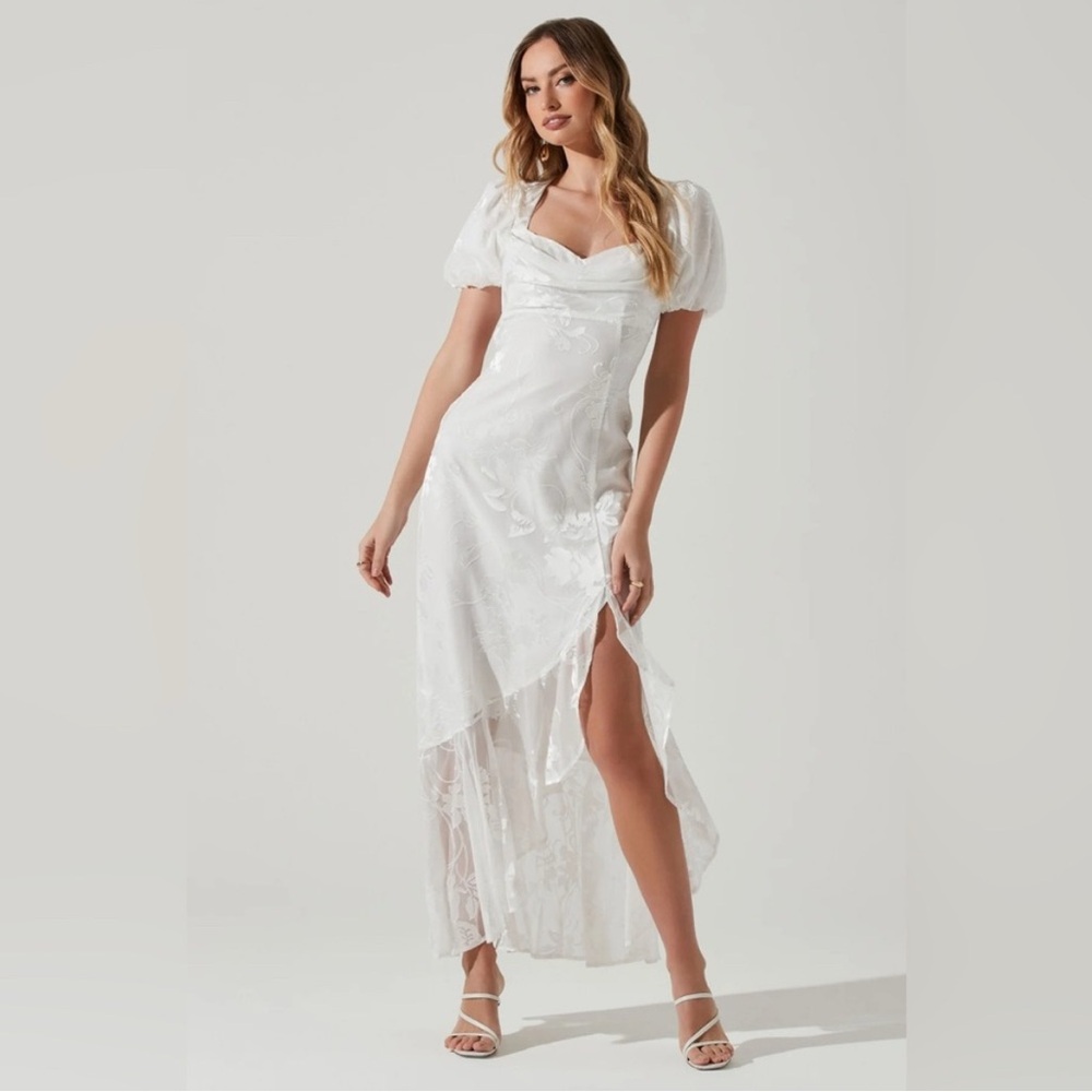 Dayanara Floral Burnout Puff Sleeve Midi Dress for Weddings or Graduations.